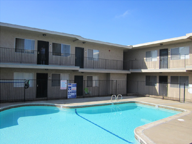 The inside view of a multifamily property with a pool