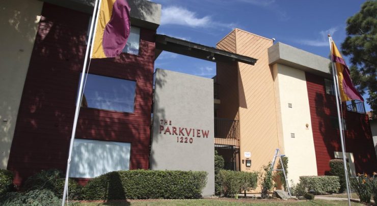 Front of a multifamily property, The Parkview 1220, in San Diego