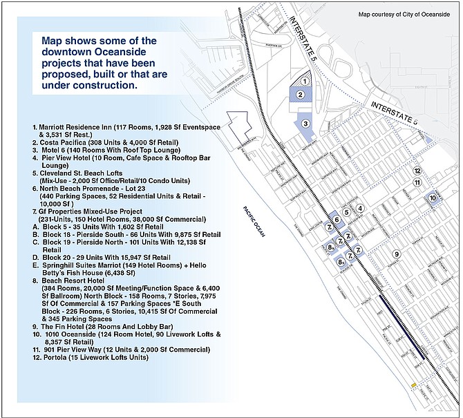 Map shows some of the downtown Oceanside projects that have been proposed, built or that are under construction.